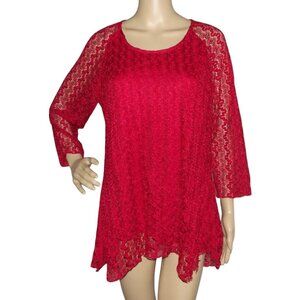 Tunic Blouse Womens Size Medium Red Long lace asymmetric shark bite
